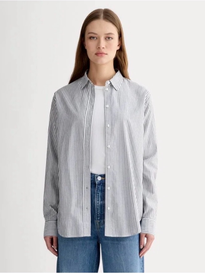 Everlane The Must-Have Shirt Silky Cotton Gray White Striped Long Sleeve Size 14